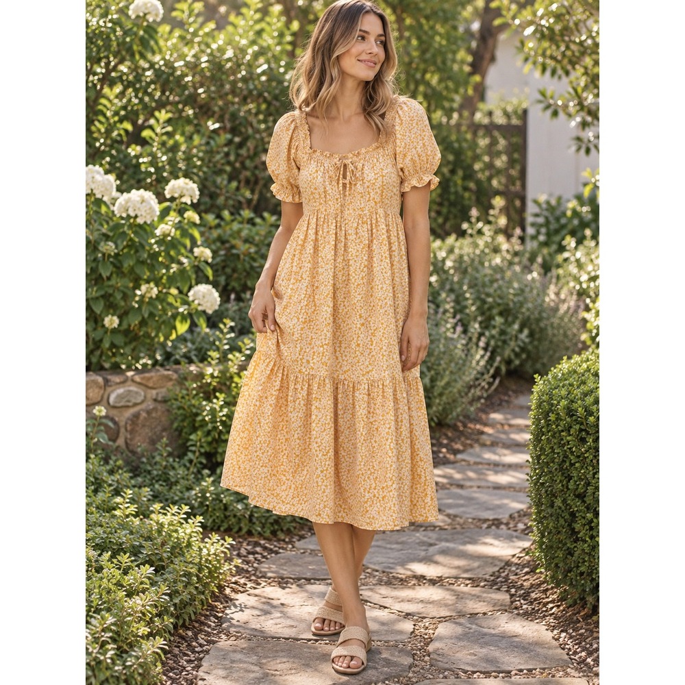 Madewell Yellow Floral Tiered Puff Sleeve Midi Dress Small Square Neck Cotton